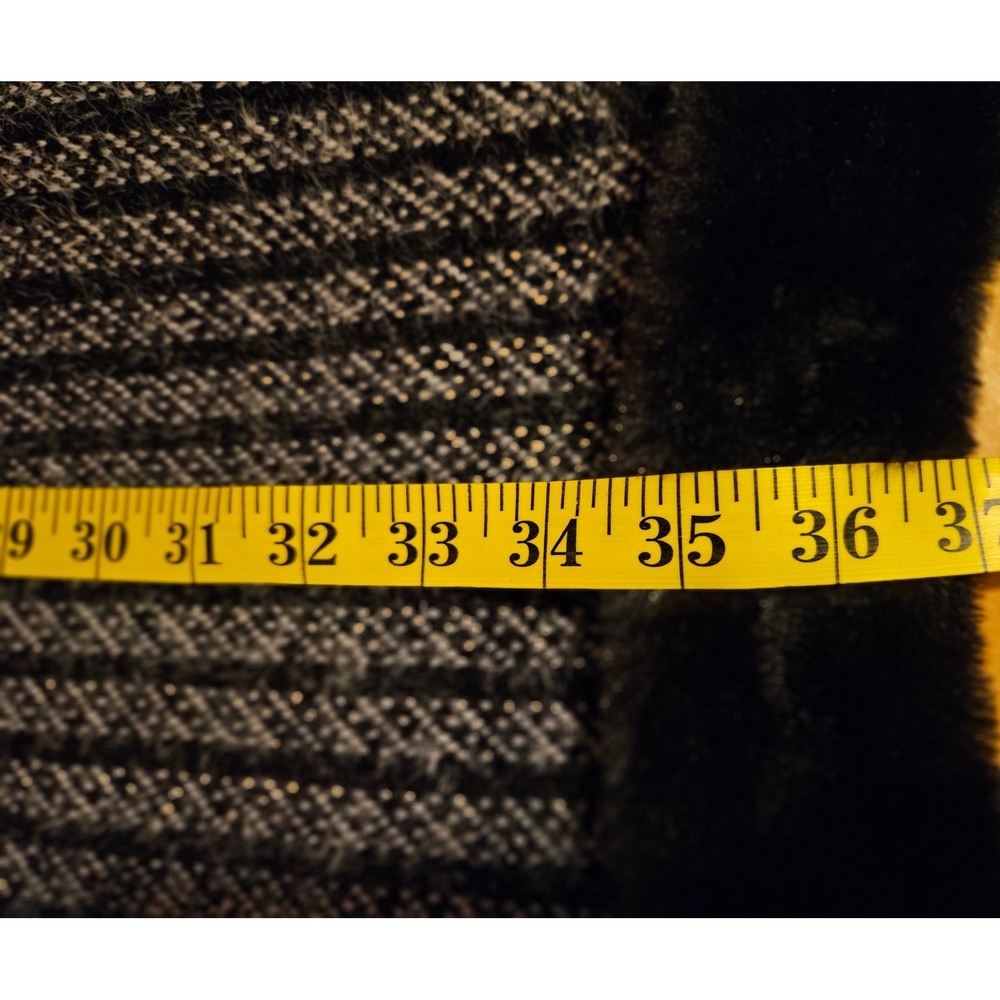 Vintage Style Striped Faux Fur Trim Coat Black White Mid Length Heavyweight L - Picture 8 of 14